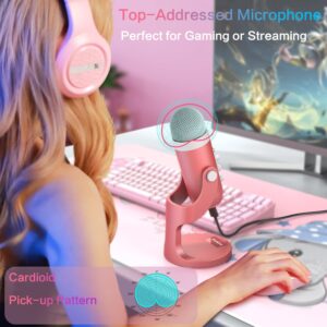 ZealSound Gaming USB Pink Microphone with Quick Mute for Phone Computer PC PS5,Studio Mic with Gain Control,Echo&Monitor Volume Adjust for Streaming Vocal Recording ASMR Podcast Video K66