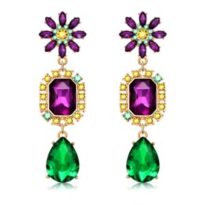 mardi gras earrings for women, rhinestone mardi gras accessory, purple green gold crystal earrings fat tuesday carnival parade party jewelry gifts (style b)