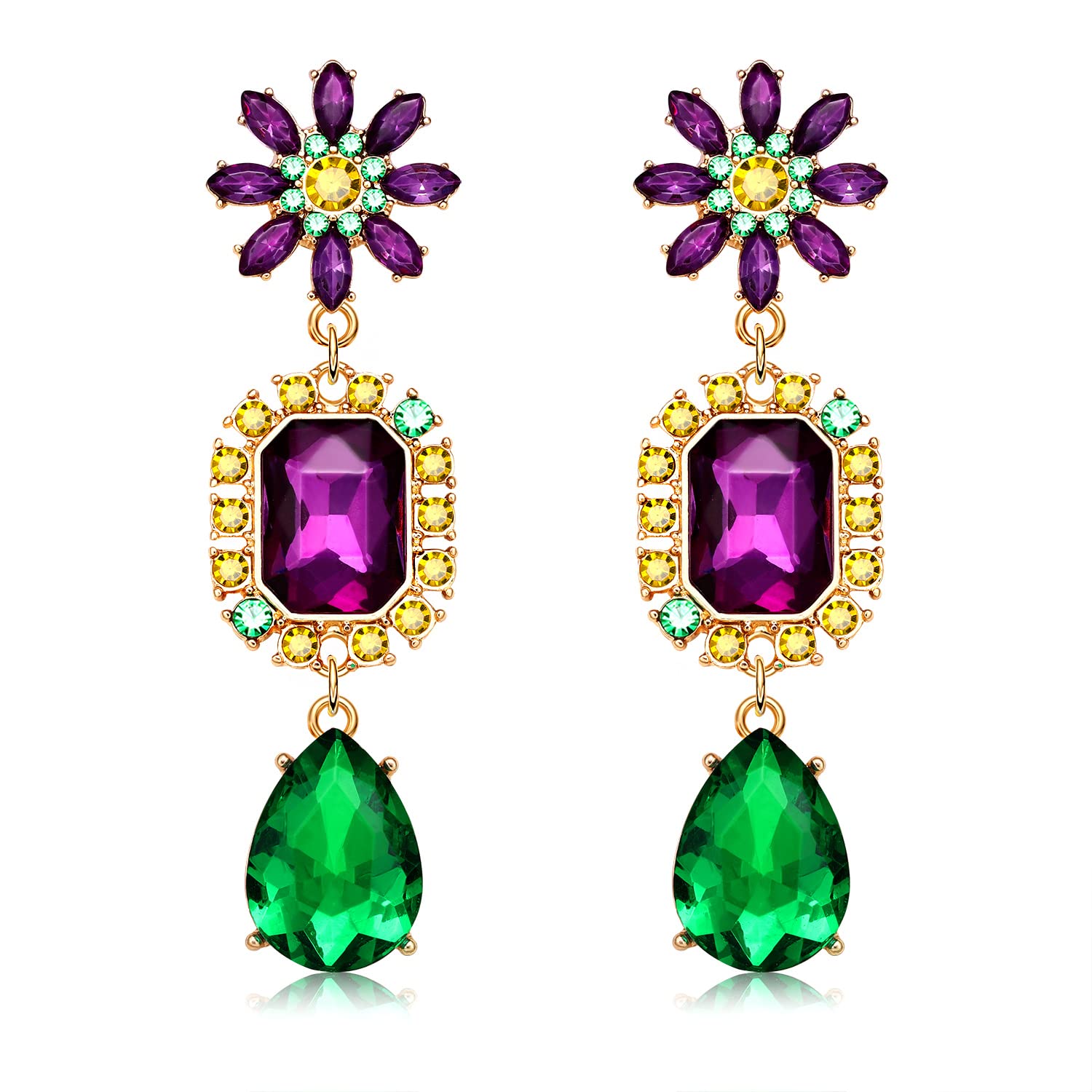 Mardi Gras Earrings for Women, Rhinestone Mardi Gras Accessory, Purple Green Gold Crystal Earrings Fat Tuesday Carnival Parade Party Jewelry Gifts (Style B)