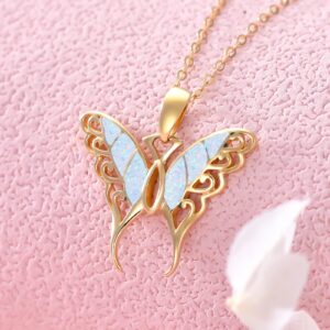 SISGEM 14K Real Gold Butterfly Necklace with Blue Opal for Women Teen Girls,Yellow Gold Butterfly Pendant Necklace Dainty Filigree Butterfly Jewelry Gifts for Birthday Christmas 16+1+1 inch, Gold,