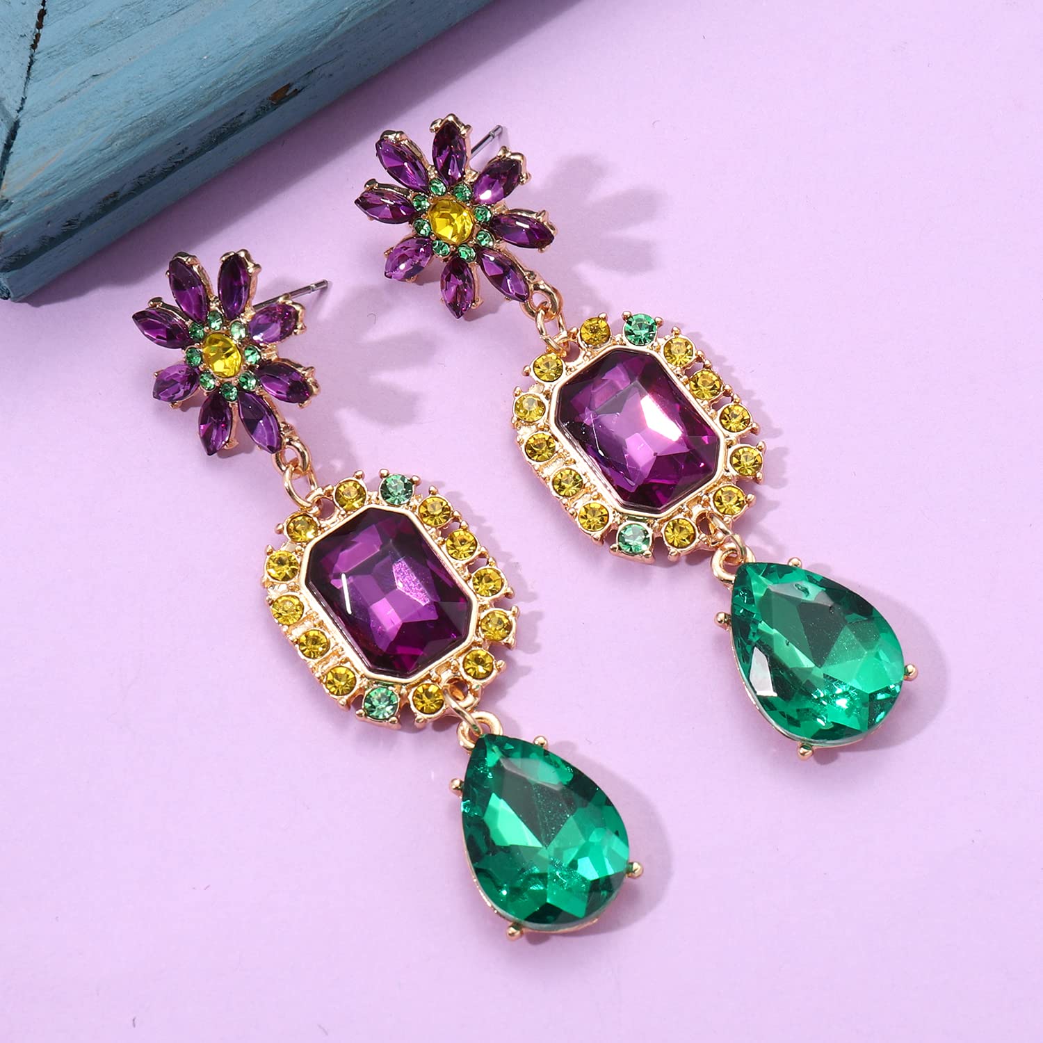 Mardi Gras Earrings for Women, Rhinestone Mardi Gras Accessory, Purple Green Gold Crystal Earrings Fat Tuesday Carnival Parade Party Jewelry Gifts (Style B)