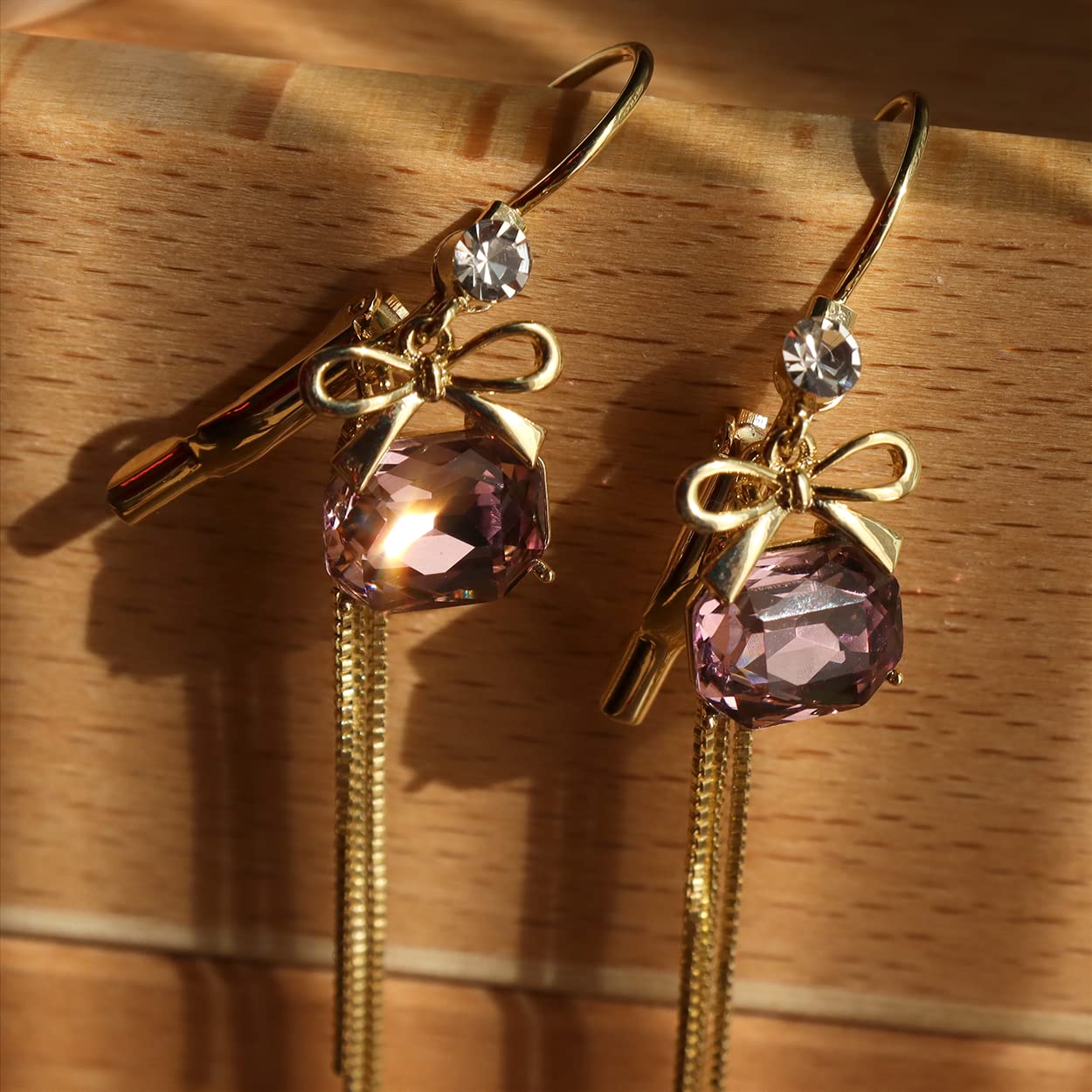 Sonateomber Purple Crystal Bow Drop Dangle Long Leverback Huggie Gold Earrings for Women - Elegant Sparkly Emerald Cutting Cubic Zirconia English Lock Dainty Tassel Jewelry Prom Gifts