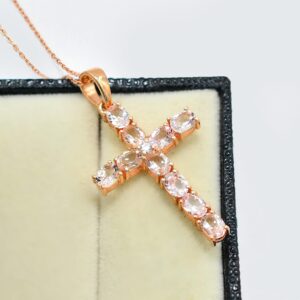 Natural Pink Morganite 5X4 MM Gemstone Holy Cross Pendant Necklace 925 Sterling Silver October Birthstone Morganite Jewelry Proposal Gift For Girlfriend(PD-8323) (16 Inches, Rose Gold Plated Silver)