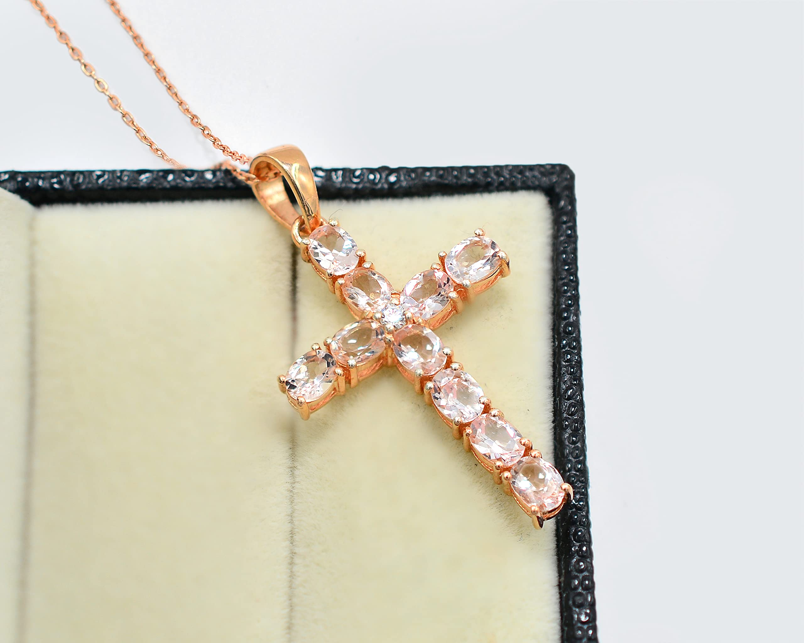 Natural Pink Morganite 5X4 MM Gemstone Holy Cross Pendant Necklace 925 Sterling Silver October Birthstone Morganite Jewelry Proposal Gift For Girlfriend(PD-8323) (16 Inches, Rose Gold Plated Silver)