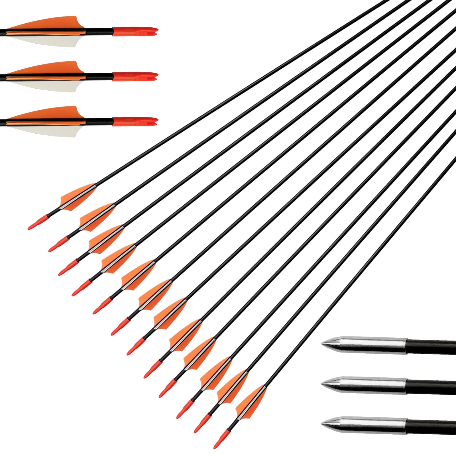 e5e10 31" Fiberglass Arrows Archery Training Practice Target Arrows with Durable Shaft Blunt Tip for Kids Youth or Beginners for Recurve Bow Long Bow (Orange and White)