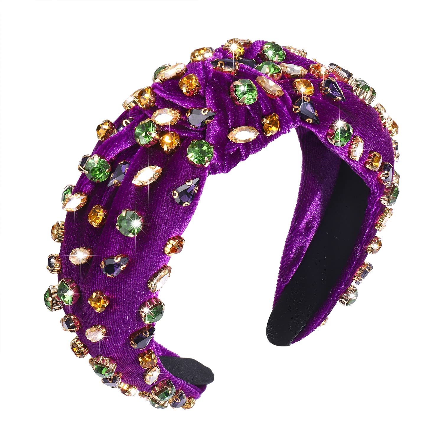 CENAPOG Mardi Gras Rhinestone Knotted Headband for Women Sparkly Crystal Embellished Hairbands Twist Turban Headband Elastic Wide Velvet Hair Hoop Party Wedding Headwear for Girls (Velvet Purple)