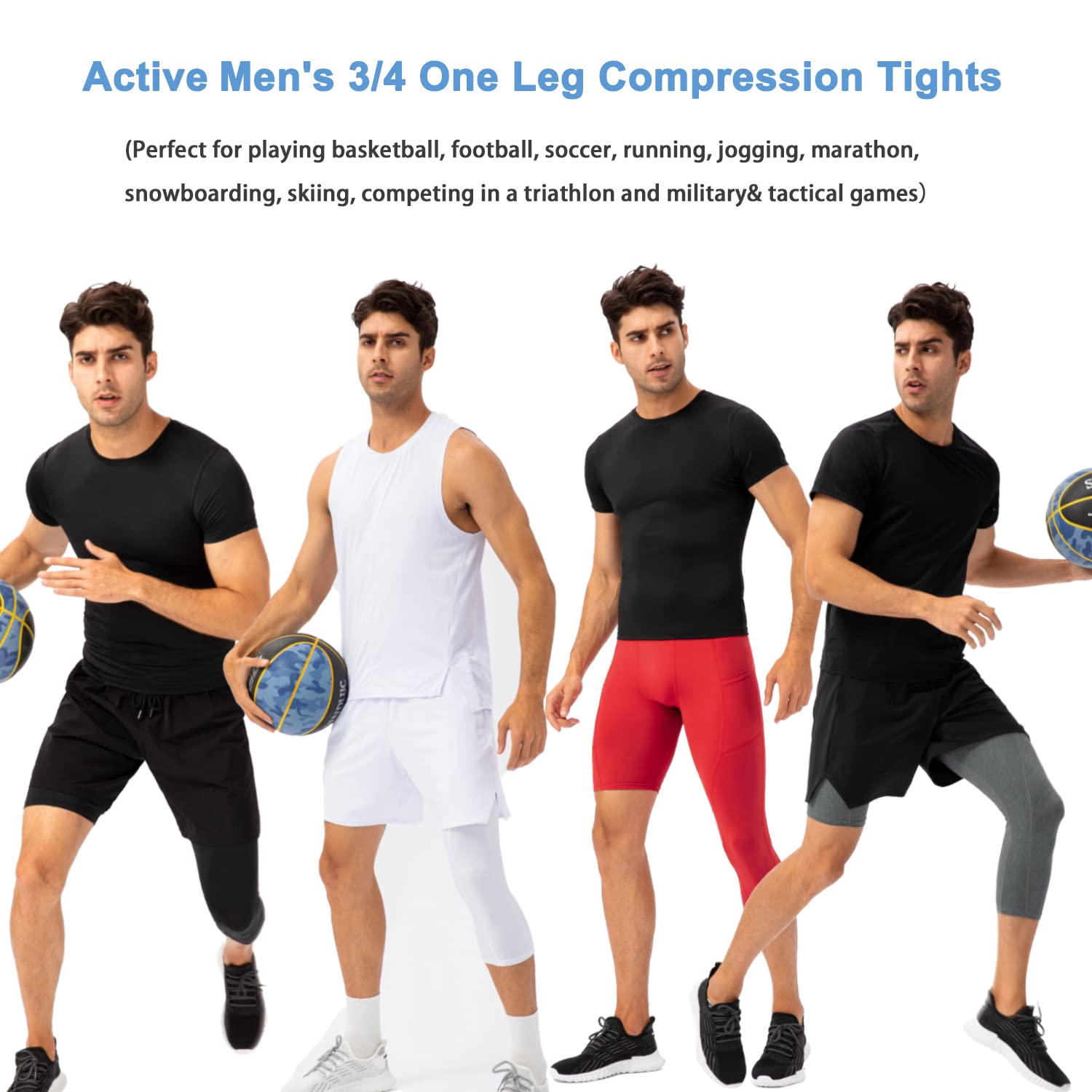 One Leg Compression Tights for Basketball, Mens 3/4 One Leg Compression Pants Dry Fit Running Leggings Sport Baselayer