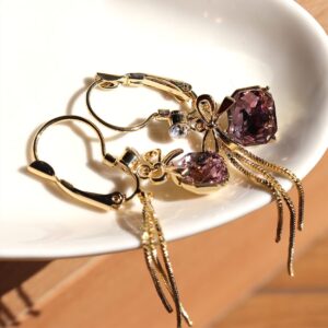 Sonateomber Purple Crystal Bow Drop Dangle Long Leverback Huggie Gold Earrings for Women - Elegant Sparkly Emerald Cutting Cubic Zirconia English Lock Dainty Tassel Jewelry Prom Gifts