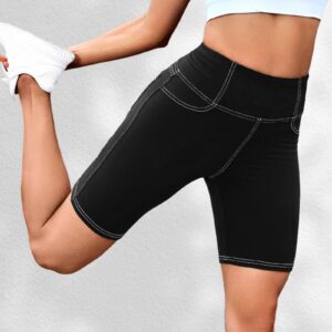 VOOVEEYA 5"/8" High Waisted Yoga Biker Shorts with Pockets for Women - Butt Lifting Workout Spandex Booty Gym Shorts(Black-L)