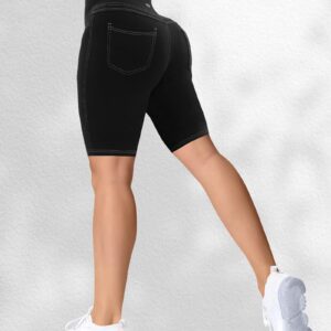 VOOVEEYA 5"/8" High Waisted Yoga Biker Shorts with Pockets for Women - Butt Lifting Workout Spandex Booty Gym Shorts(Black-L)