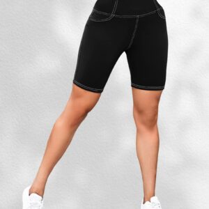 VOOVEEYA 5"/8" High Waisted Yoga Biker Shorts with Pockets for Women - Butt Lifting Workout Spandex Booty Gym Shorts(Black-L)