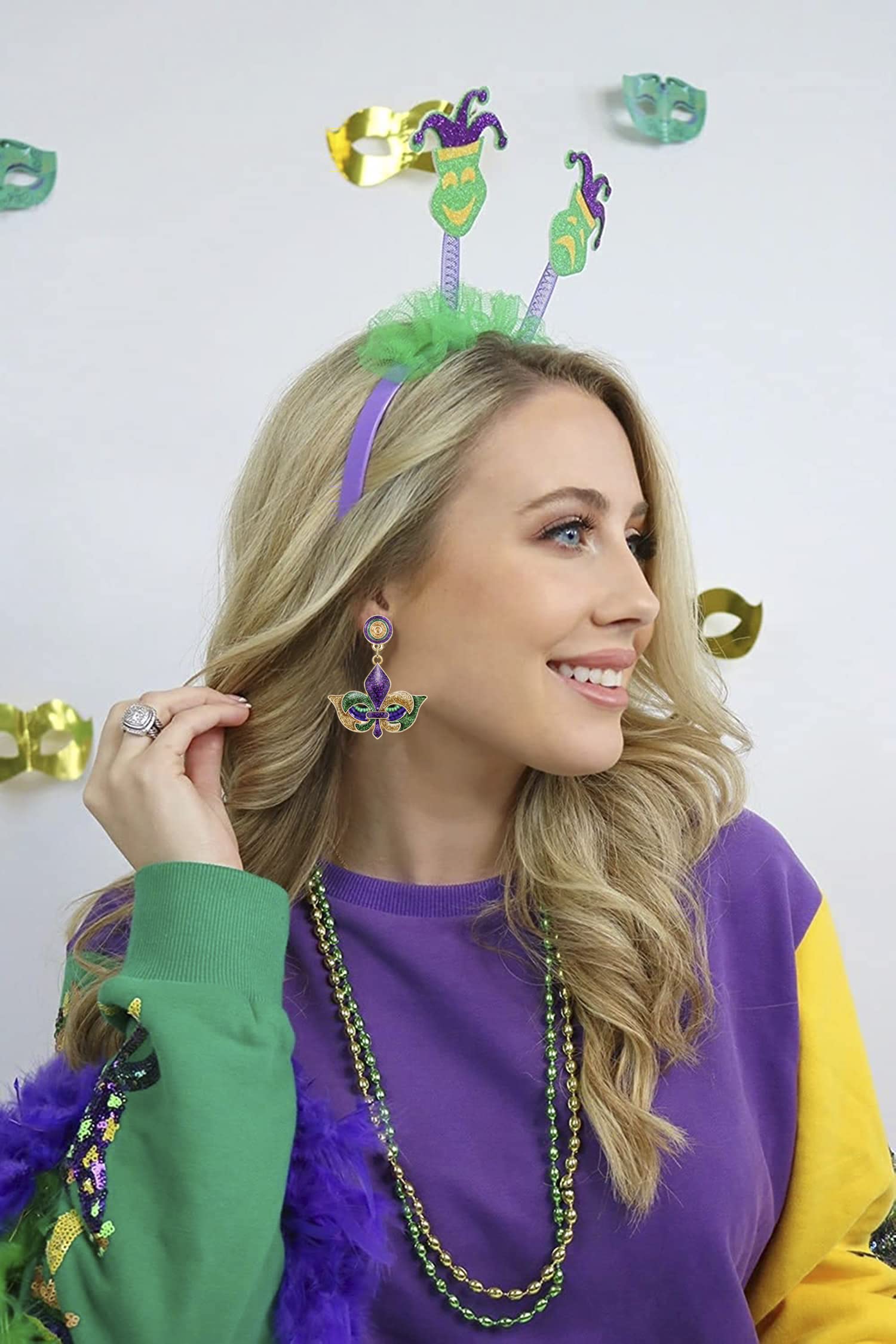 Mardi Gras Earrings Glitter Fleur De Lis Mask Dangle Earrings Sparkly Rhinestone Bead Happy MARDI GRAS Skull Dangling Earrings Hypoallergenic Carnival Parade Party Festive Earrings Jewelry for Mardi