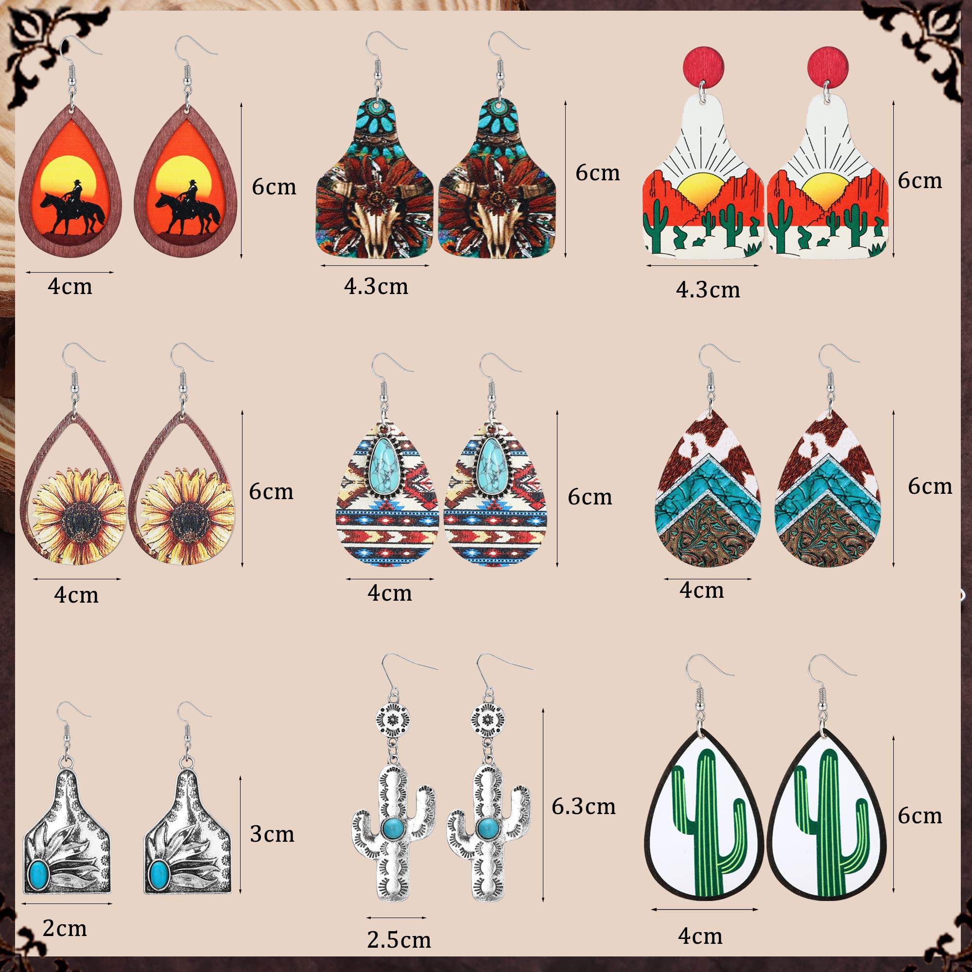 FIBO STEEL 9 Pairs Western Earrings for Women Cowboy Cowgirl Dangle Earrings Vintage Boho Turquoise Cow Print Wood Leather Teardrop Earrings Set