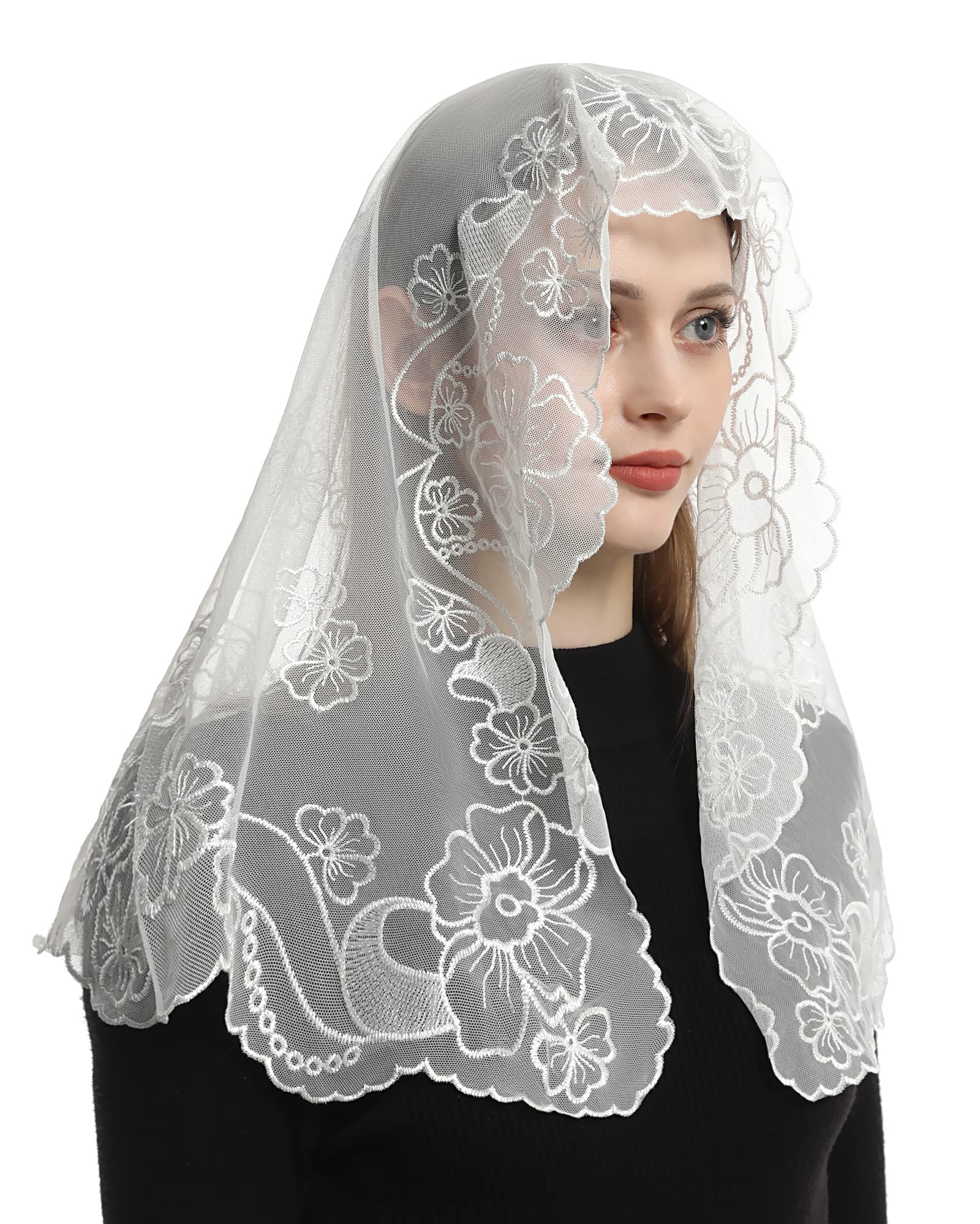 Bozidol Church Veil Lace Mantilla Religious Head Covering Velos para ir a la iglesia Catholic Mass Veil with Hairclip (White)