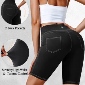 VOOVEEYA 5"/8" High Waisted Yoga Biker Shorts with Pockets for Women - Butt Lifting Workout Spandex Booty Gym Shorts(Black-L)