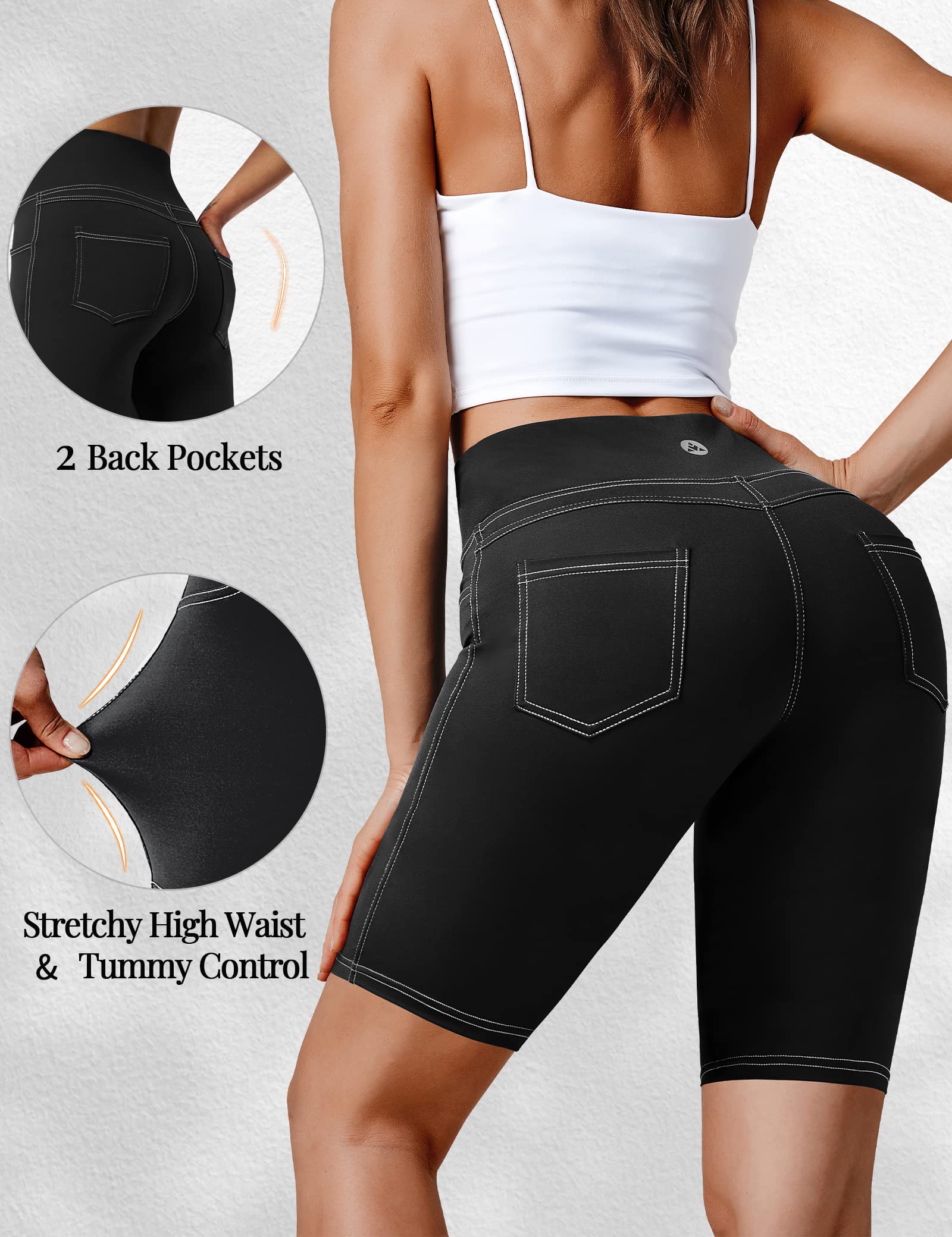 VOOVEEYA 5"/8" High Waisted Yoga Biker Shorts with Pockets for Women - Butt Lifting Workout Spandex Booty Gym Shorts(Black-L)