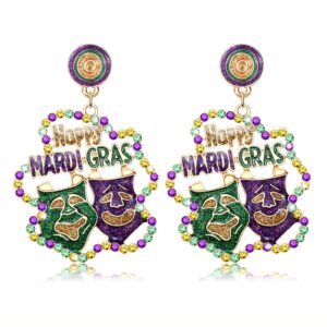 Mardi Gras Earrings Glitter Fleur De Lis Mask Dangle Earrings Sparkly Rhinestone Bead Happy MARDI GRAS Skull Dangling Earrings Hypoallergenic Carnival Parade Party Festive Earrings Jewelry for Mardi