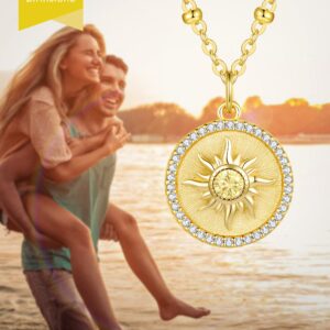 CDE 14K Gold Plated Sun Coin Birthstone Pendant Necklaces for Women 925 Sterling Silver, Christmas Birthday Anniversary Jewelry Gift for Women Girlfriend Mom Daughter Her