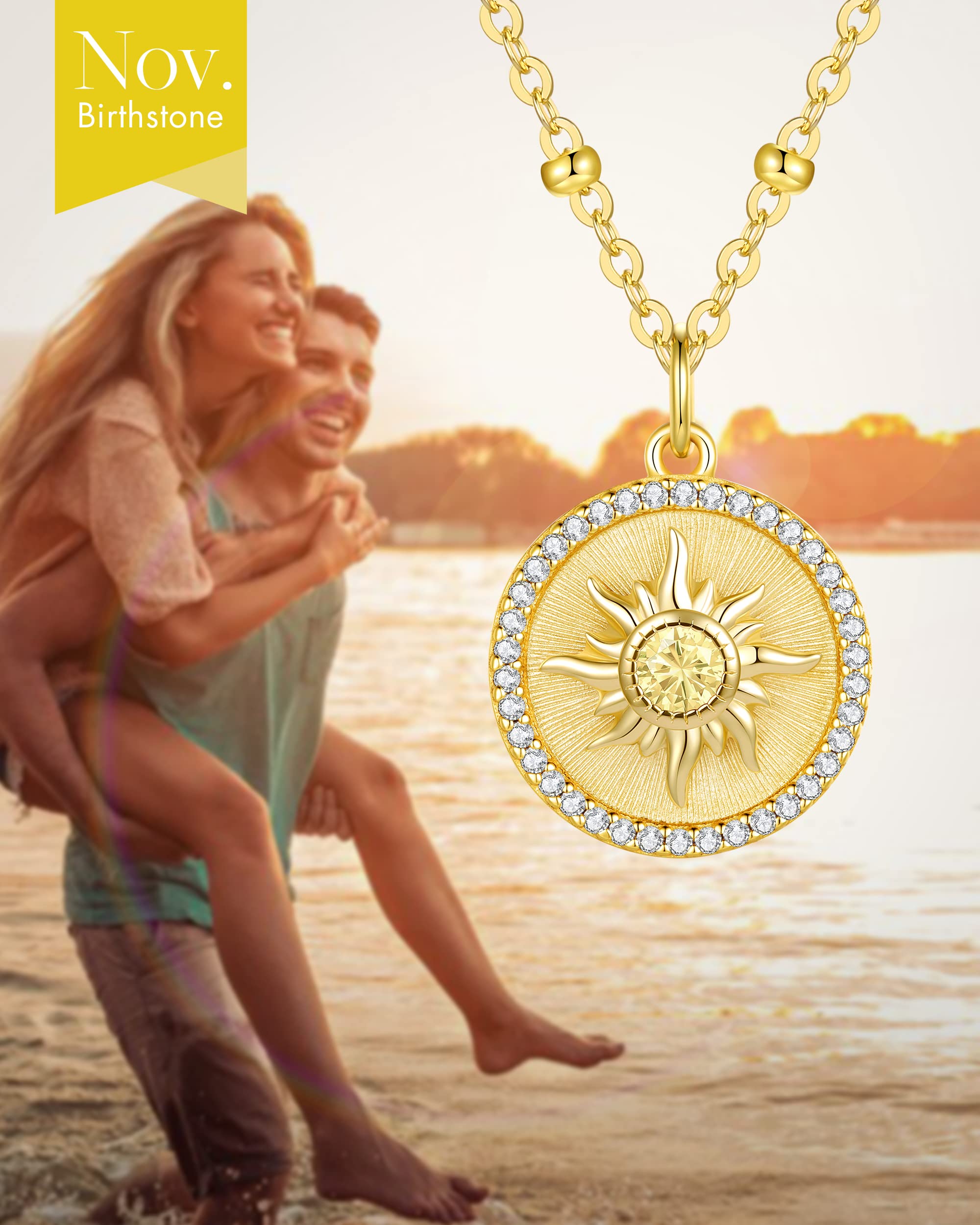 CDE 14K Gold Plated Sun Coin Birthstone Pendant Necklaces for Women 925 Sterling Silver, Christmas Birthday Anniversary Jewelry Gift for Women Girlfriend Mom Daughter Her