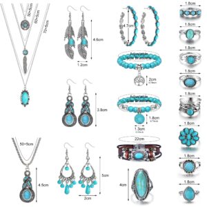 FIBO STEEL Bohemian Turquoise Jewelry Set for Women Western Jewelry Vintage Turquoise Pendant Necklace Turquoise Bead Bracelet Leather Cuff Bracelet Turquoise Dangle Earrings Turquoise Knuckle Rings Boho Jewelry