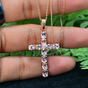 Natural Pink Morganite 5X4 MM Gemstone Holy Cross Pendant Necklace 925 Sterling Silver October Birthstone Morganite Jewelry Proposal Gift For Girlfriend(PD-8323) (16 Inches, Rose Gold Plated Silver)