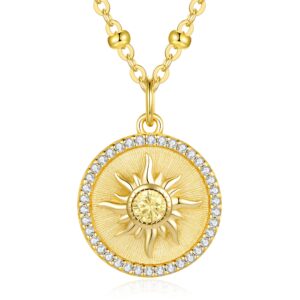 CDE 14K Gold Plated Sun Coin Birthstone Pendant Necklaces for Women 925 Sterling Silver, Christmas Birthday Anniversary Jewelry Gift for Women Girlfriend Mom Daughter Her