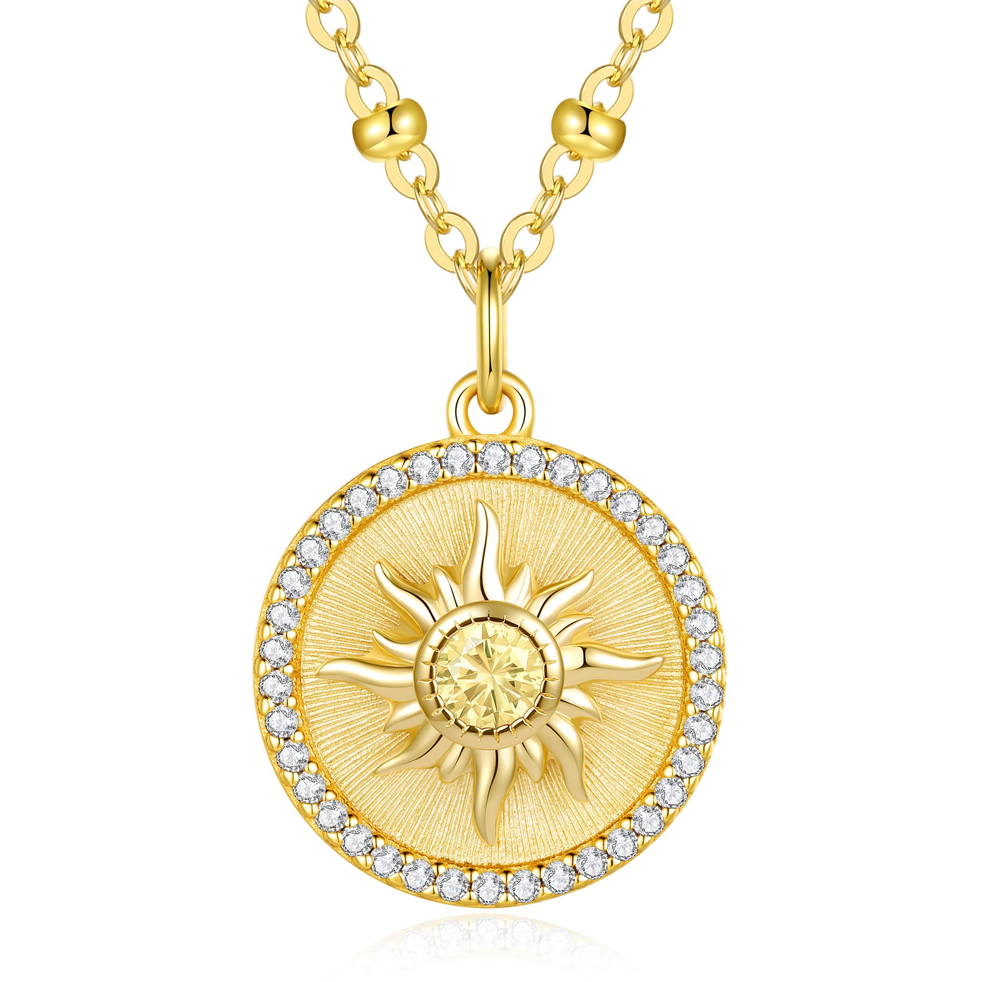 CDE 14K Gold Plated Sun Coin Birthstone Pendant Necklaces for Women 925 Sterling Silver, Christmas Birthday Anniversary Jewelry Gift for Women Girlfriend Mom Daughter Her