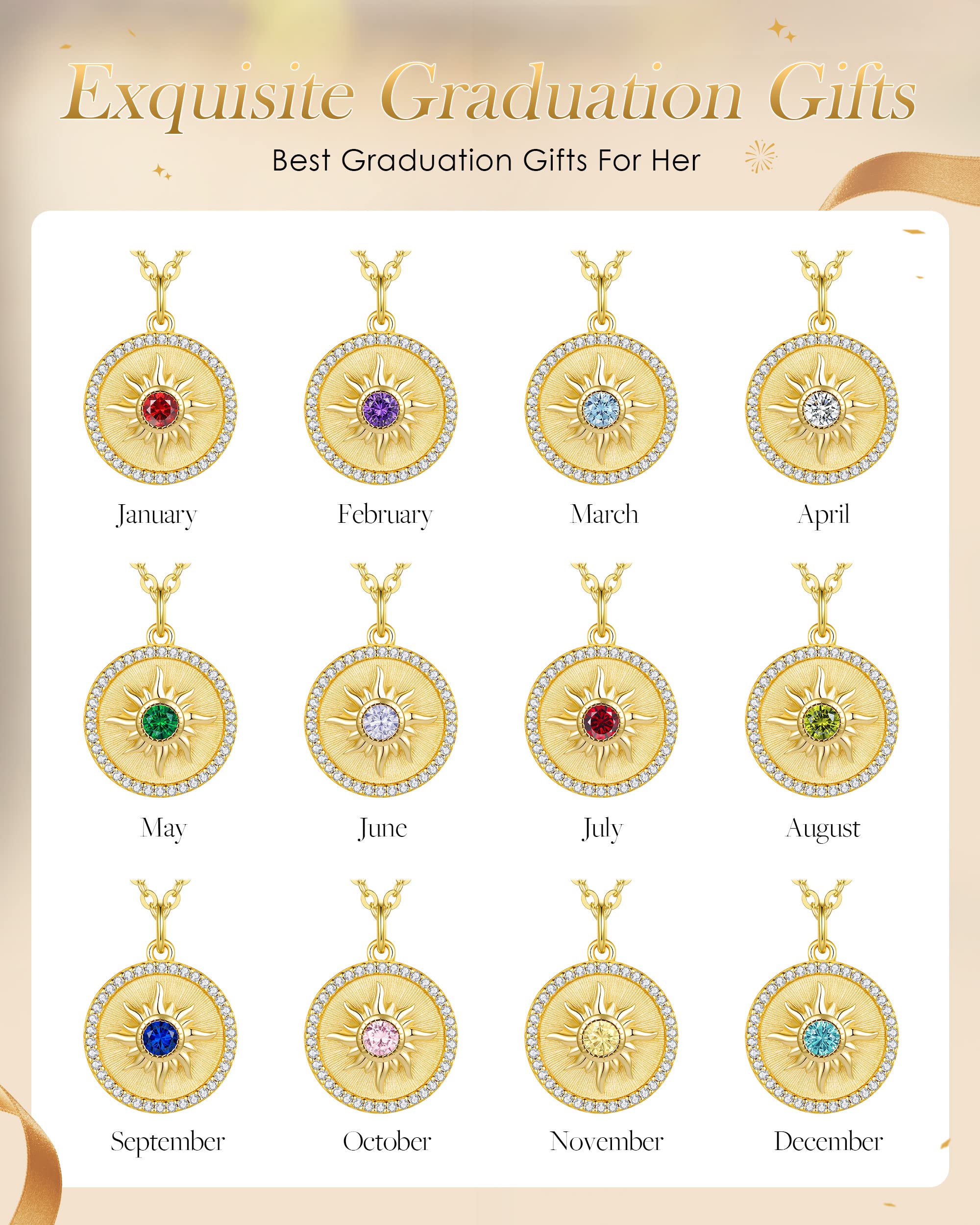 CDE 14K Gold Plated Sun Coin Birthstone Pendant Necklaces for Women 925 Sterling Silver, Christmas Birthday Anniversary Jewelry Gift for Women Girlfriend Mom Daughter Her