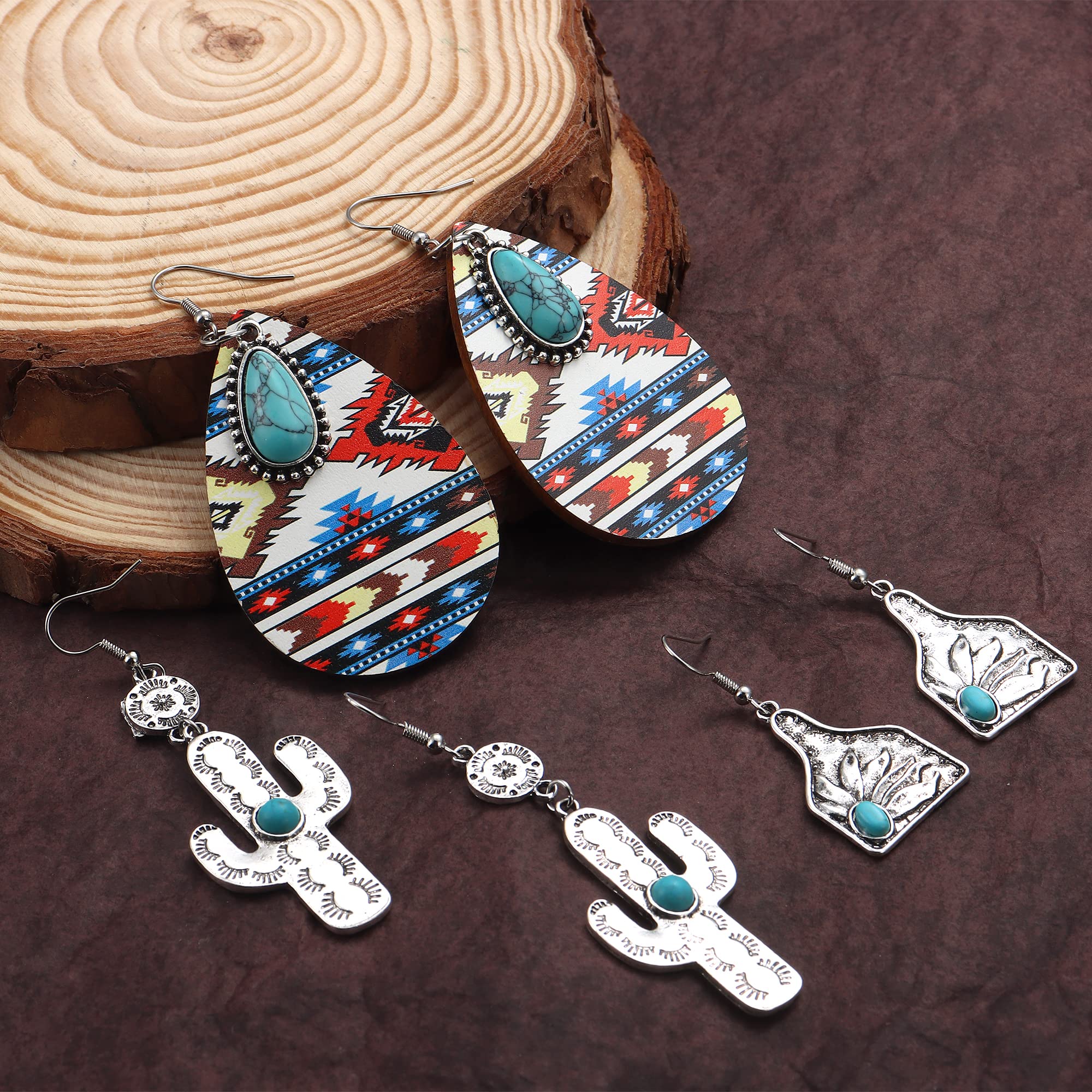 FIBO STEEL 9 Pairs Western Earrings for Women Cowboy Cowgirl Dangle Earrings Vintage Boho Turquoise Cow Print Wood Leather Teardrop Earrings Set