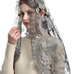 Bozidol Catholic Chapel Mantilla Veil Floral Embroidery Spanish Lace Scarf Church Mass Veil for Women (Sliver Black)