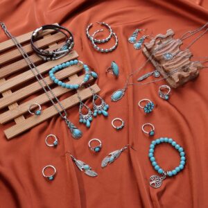 FIBO STEEL Bohemian Turquoise Jewelry Set for Women Western Jewelry Vintage Turquoise Pendant Necklace Turquoise Bead Bracelet Leather Cuff Bracelet Turquoise Dangle Earrings Turquoise Knuckle Rings Boho Jewelry