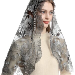 Bozidol Catholic Chapel Mantilla Veil Floral Embroidery Spanish Lace Scarf Church Mass Veil for Women (Sliver Black)