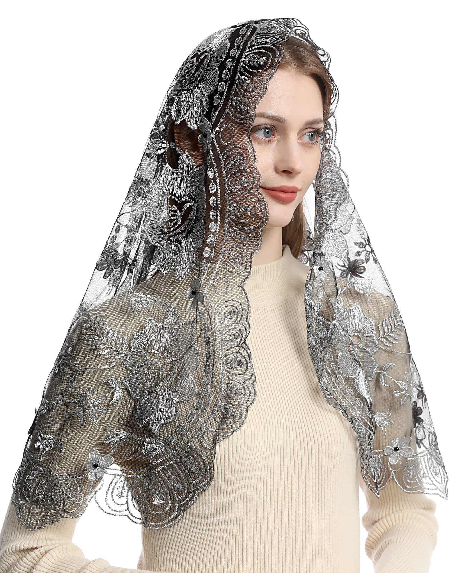 Bozidol Catholic Chapel Mantilla Veil Floral Embroidery Spanish Lace Scarf Church Mass Veil for Women (Sliver Black)