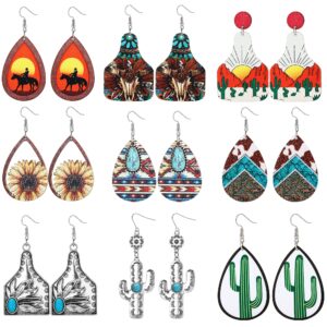 fibo steel 9 pairs western earrings for women cowboy cowgirl dangle earrings vintage boho turquoise cow print wood leather teardrop earrings set