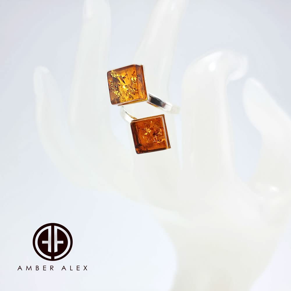 AMBER ALEX Cognac Amber Square Shape Adjustable Ring Sterling Silver, Genuine Baltic Amber.