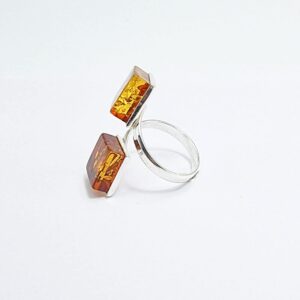 AMBER ALEX Cognac Amber Square Shape Adjustable Ring Sterling Silver, Genuine Baltic Amber.