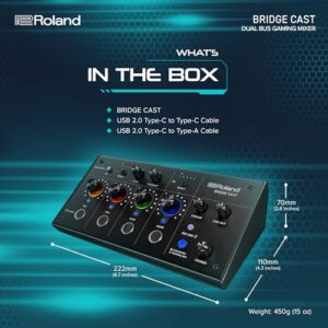 Roland BRIDGE CAST Dual Bus Gaming Mixer | Professional Audio Streaming Interface and Mixer for Online Gamers | 32-Bit Hardware DSP | USB-C Windows and Mac Connectivity | XLR Input for Microphones