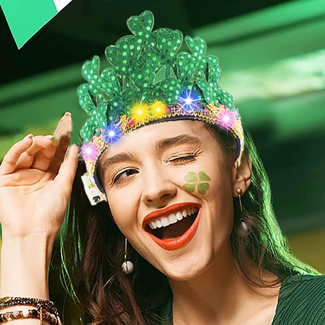 CAKURE Saint Patrick's Day Accessories Light Up Shamrock Headband Queen Hairbands St Patty's Day Hair Hoop Festive Party Hair for Women and Girls