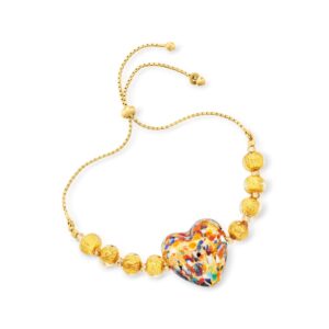 Ross-Simons Italian Multicolored Murano Glass Bead Heart Bolo Bracelet in 18kt Gold Over Sterling