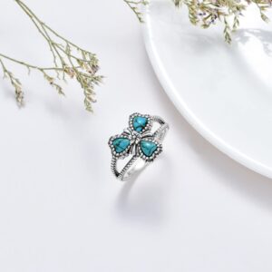 BETHZA Clover Turquoise Ring 925 Sterling Silver Natural Turquoise Flower Ring 3 Heart Shape Stone Boho Lucky Ring Gift for Women US Size 7