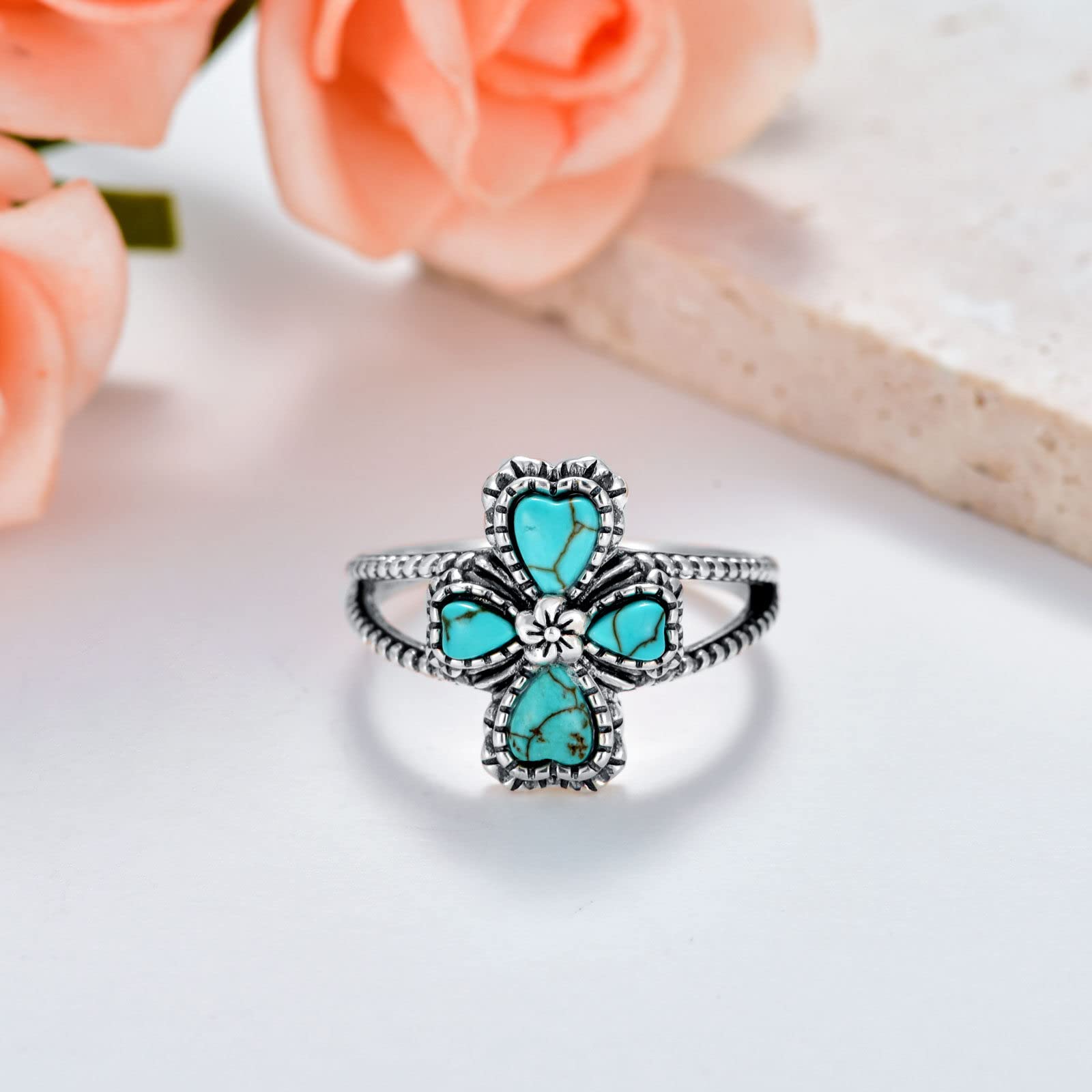 BETHZA Turquoise Cross Ring Sterling Silver Natural Turquoise Flower Ring Navajo Tribes Style Ring for Women