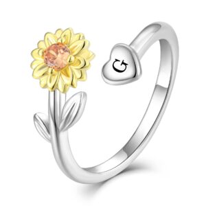 STARCHENIE Sunflower Initial Ring for Women 925 Sterling Silver Letter G Alphabet Adjustable Ring Size 7