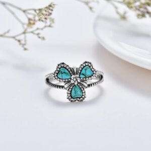 BETHZA Clover Turquoise Ring 925 Sterling Silver Natural Turquoise Flower Ring 3 Heart Shape Stone Boho Lucky Ring Gift for Women US Size 7