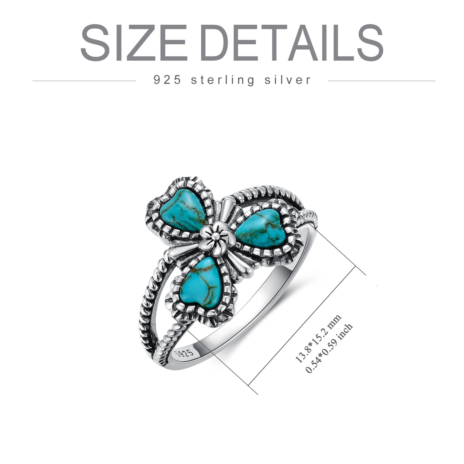 BETHZA Clover Turquoise Ring 925 Sterling Silver Natural Turquoise Flower Ring 3 Heart Shape Stone Boho Lucky Ring Gift for Women US Size 7