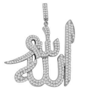 jewelbooth 17+ grams real genuine italian sterling silver 14k gold over 2.25 cwt. simulated diamond allah muslim islamic arabic pendant charm 1.90'' (white gold/white cz)