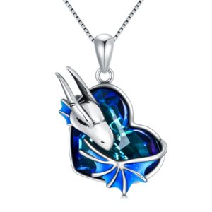 Plesitep Dragon Necklace Sterling Silver Wyvern Necklace with Blue Heart Crystal Jewelry Gift for Women