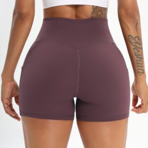 Workout Shorts for Women 2 Pcs Pack Cross Waist Active Gym Spandex Stretchy Yoga Compression with Side Pockets Burgundy+Olive-M