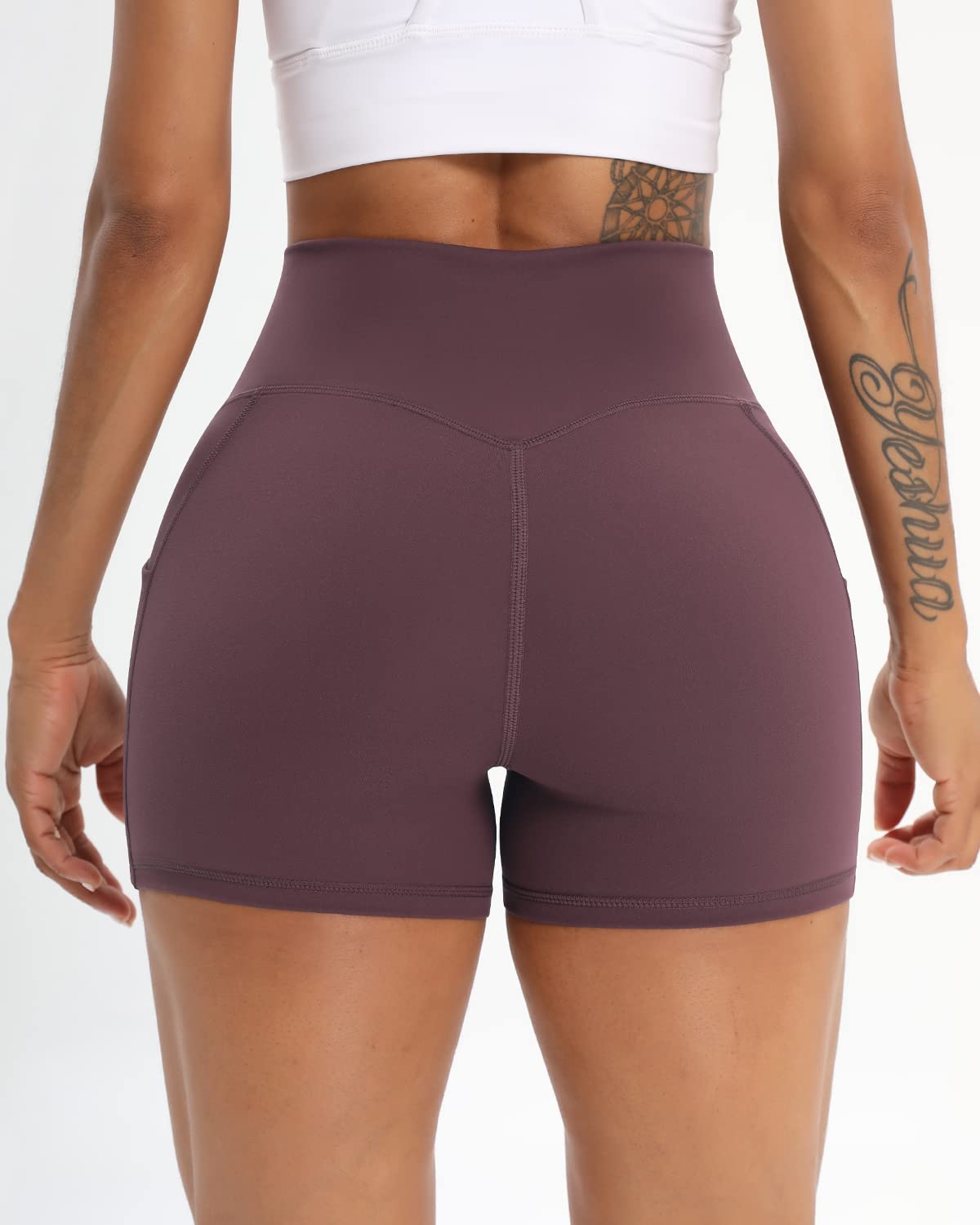 Workout Shorts for Women 2 Pcs Pack Cross Waist Active Gym Spandex Stretchy Yoga Compression with Side Pockets Burgundy+Olive-M