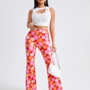 OYOANGLE Women's Floral Print High Waist Yoga Pants Wide Leg Pants Bell Bottom Trousers Orange and Pink S