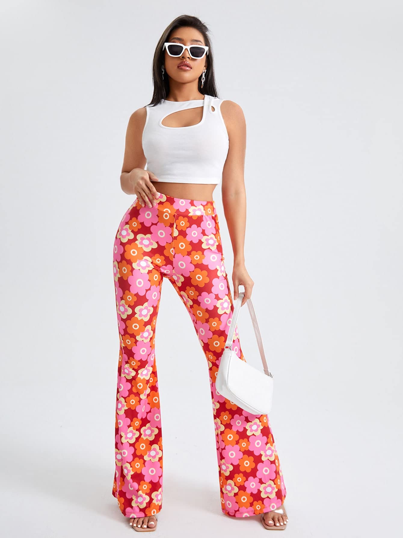 OYOANGLE Women's Floral Print High Waist Yoga Pants Wide Leg Pants Bell Bottom Trousers Orange and Pink S